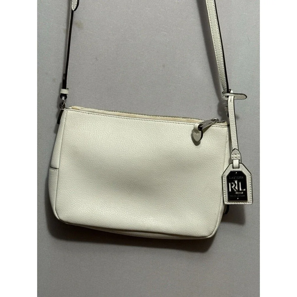 Lauren Ralph Lauren Pebbled Leather Crossbody Bag Ivory Cream RLL Silver Zip